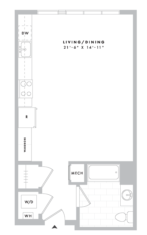 Floor plan for studio, 1 bath, 574 sqft